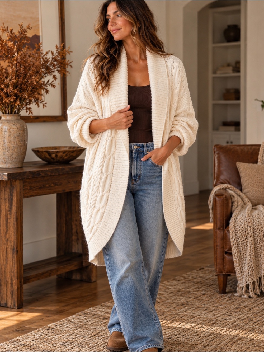 Pink Rose Cable Knit Long Cocoon Cardigan Sweater Cream L